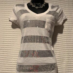 NEW Lovestruck Ladies White & Silver Sequins V-Neck Pocket Tee